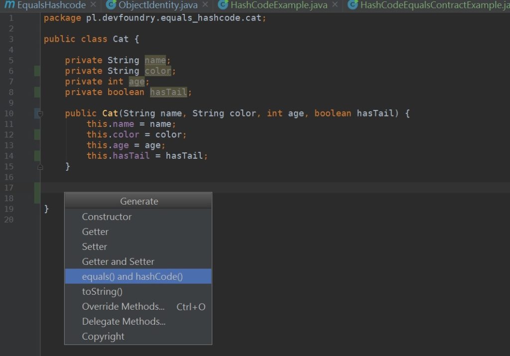 Intelli - dzięki skrótowi alt+insert możemy autogenerować metody equals i hashCode